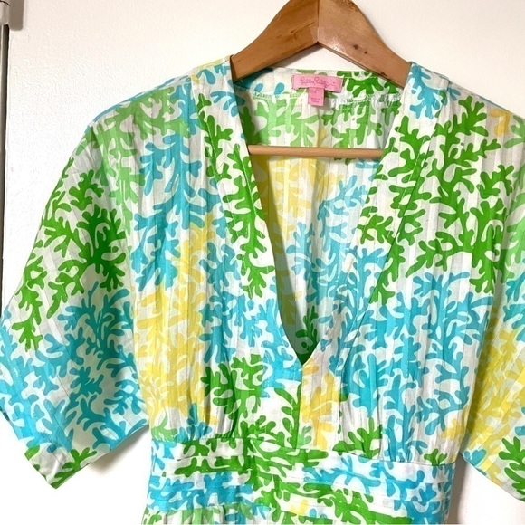 Lilly Pulitzer coral print v-neck kimono tunic top waist-tie coverup Small - Picture 3 of 5